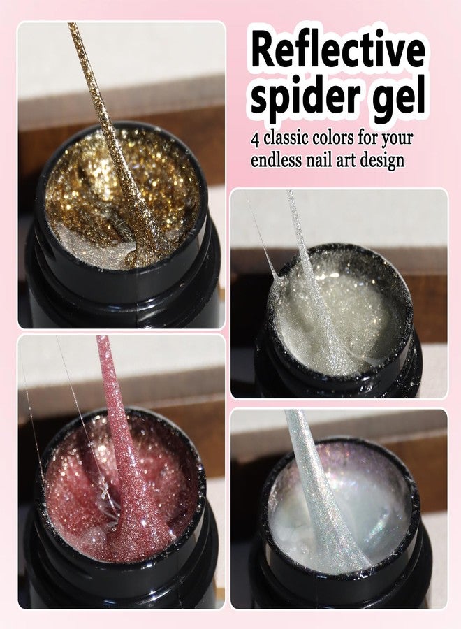 Fcozpjk Spider Gel for Nails, 4 Colors Reflective Spider Gel for Nail Art Dazzling Glitter Gold Silver Pink Holographic Gels Polish with Dotting Pen Liner Paint Wire Drawing Design Manicure UV Cure - Image 2